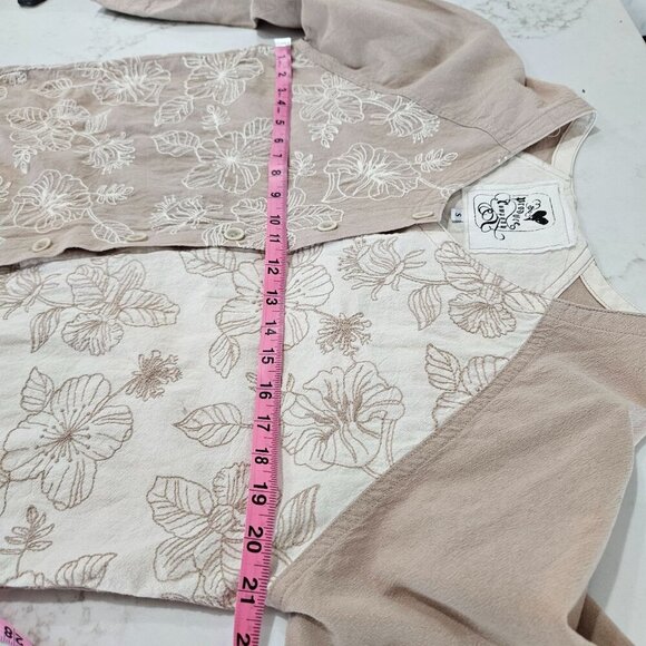 Produce Company Shirt Small Embroidered Boho Vintage Button-Up Beige 3/4 Sleeve - Picture 9 of 10